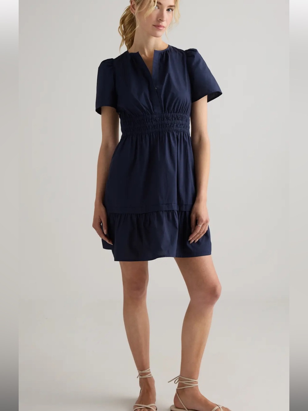 Quince 100% Organic Cotton Poplin Tiered Mini Dress Navy Blue NWT Size L